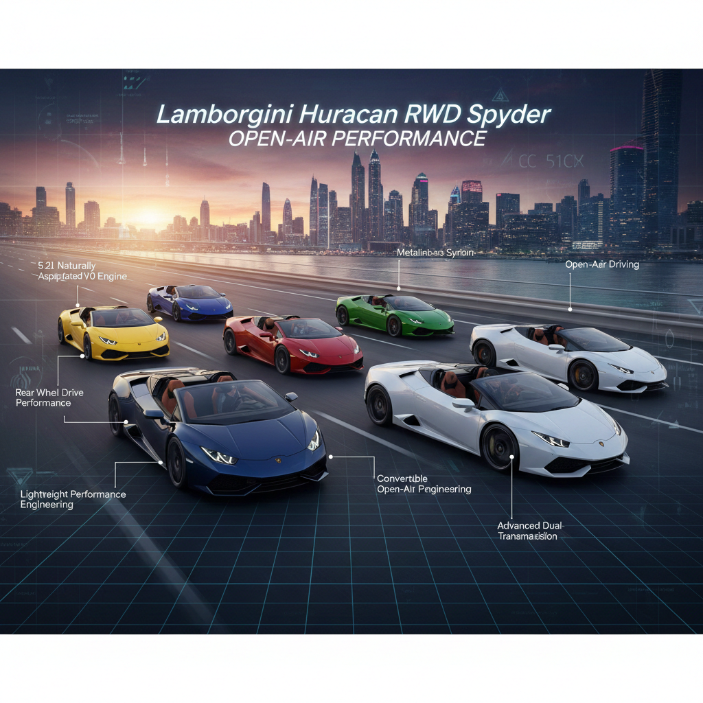 Lamborghini Huracan RWD Spyder Open-Air Rear-Wheel Drive Supercar Experience 2026 Multiple Lamborghini Huracan RWD Spyder convertible V10 supercars driving together on a luxury Dubai highway showcasing open-roof performance, aerodynamic design, and rear-wheel drive driving engagement