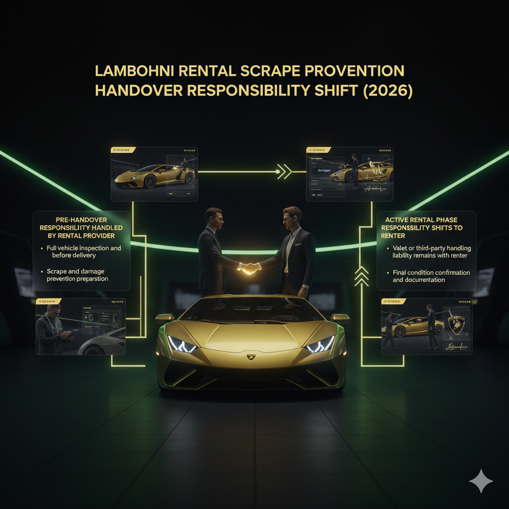 Luxury infographic showing a Lamborghini vehicle handover between a rental provider and renter, highlighting responsibility phases and liability transitions displayed as bullet points in a futuristic design.
