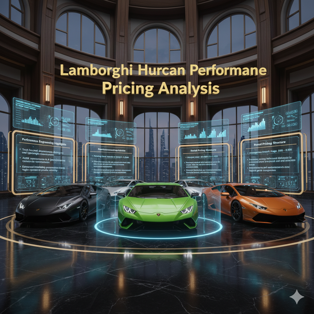 Lamborghini Huracan Performante Pricing Analysis Futuristic Lamborghini Huracan Performante pricing infographic showing performance models with holographic panels highlighting aerodynamic engineering, racing technology, and premium rental pricing range.