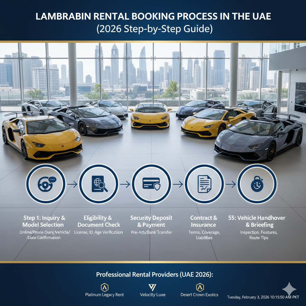 A professional 5-step infographic detailing the Lamborghini Aventador rental process in the UAE. The workflow covers Inquiry & Model Selection, Eligibility Checks, Security Deposit, Contract Signing, and Vehicle Handover. A fleet of yellow and grey Aventadors in a luxury showroom is shown in the background.