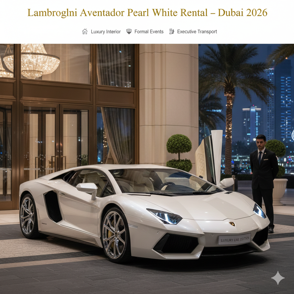 A pearl white Lamborghini Aventador S Roadster with the roof open, parked on a Dubai road with the Burj Khalifa skyline in the background, featuring info panels for rental pricing and requirements.