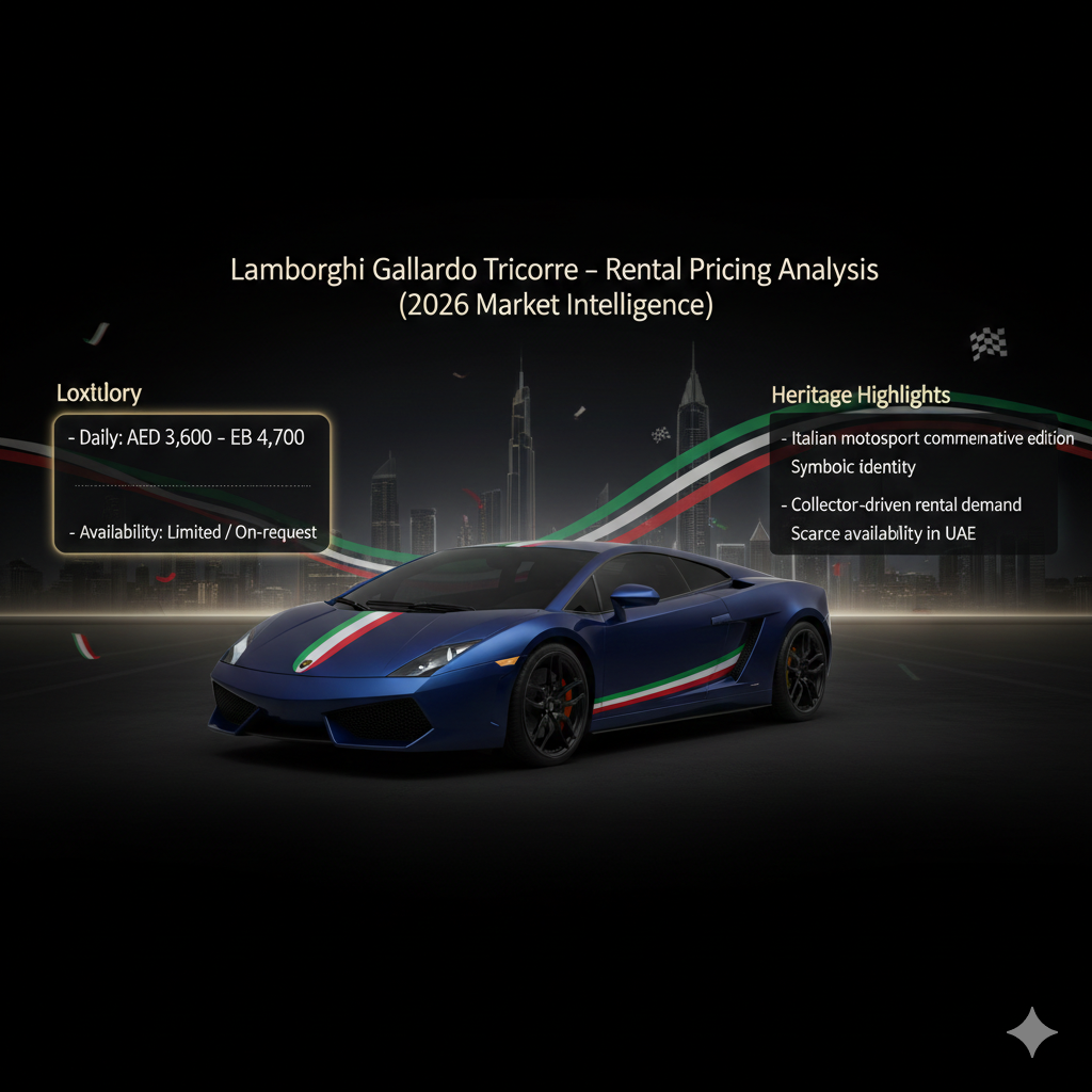 Animated luxury infographic showing Lamborghini Gallardo Tricolore rental pricing and heritage appeal in Dubai.