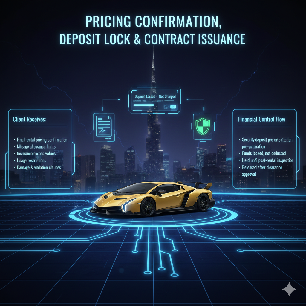 Animated luxury infographic showing a Lamborghini with digital contract documents and credit card authorization visuals, illustrating rental pricing confirmation, security deposit lock, and contract issuance under UAE hypercar rental standards.