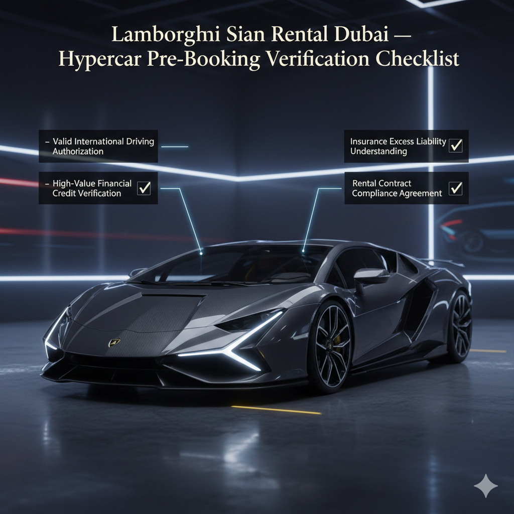 Ultra-realistic Lamborghini Sián hypercar poster with top headline and animated side points showing the pre-booking verification checklist for Dubai luxury hypercar rentals.