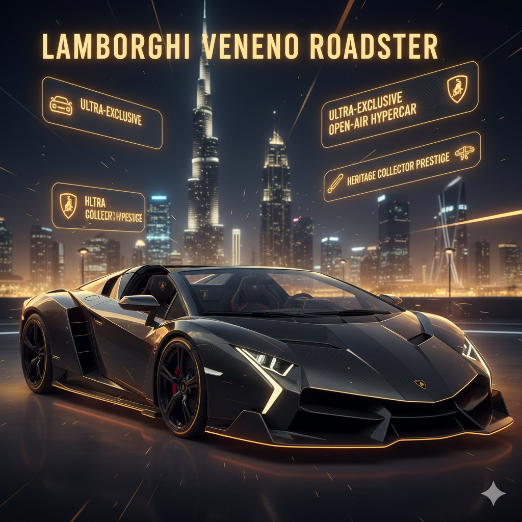 Animated luxury infographic of Lamborghini Veneno Roadster in Dubai with glowing neon text, open-top carbon-fiber hypercar, Burj Khalifa skyline, showcasing ultra-rare open-air Veneno Roadster rental exclusivity for 2026