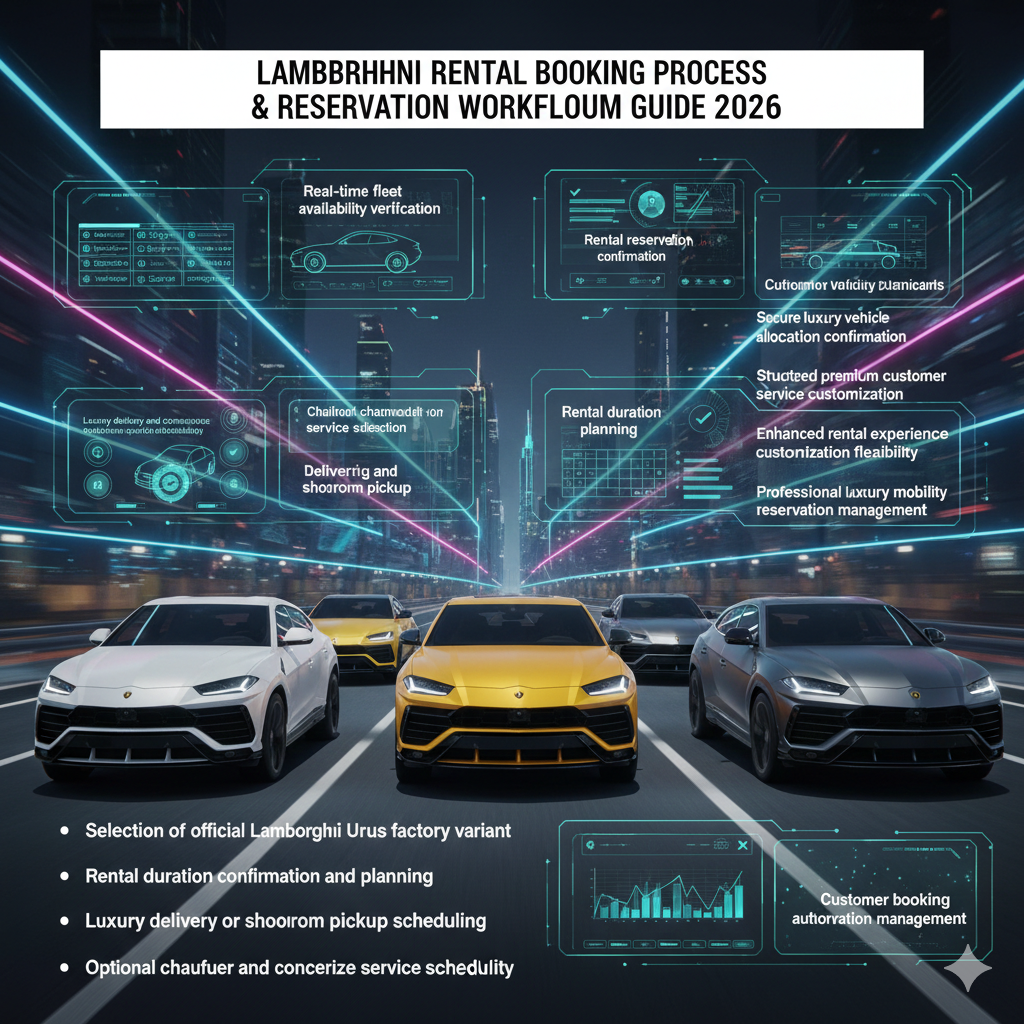 Multiple Lamborghini Urus SUVs in different colors driving on animated Dubai luxury highway with booking workflow, fleet availability verification, and reservation confirmation overlays