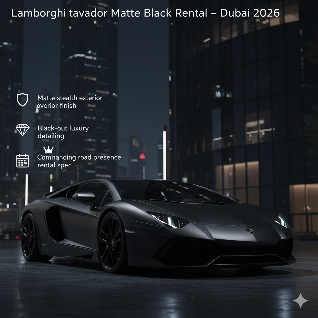 A cinematic, low-angle shot of a matte black Lamborghini Aventador in a dark, modern Dubai boulevard at night. The image features a minimalist design with white text headings and icon callouts for "Matte stealth exterior finish" and "Black-out luxury detailing," set against a backdrop of sleek, dark glass skyscrapers.