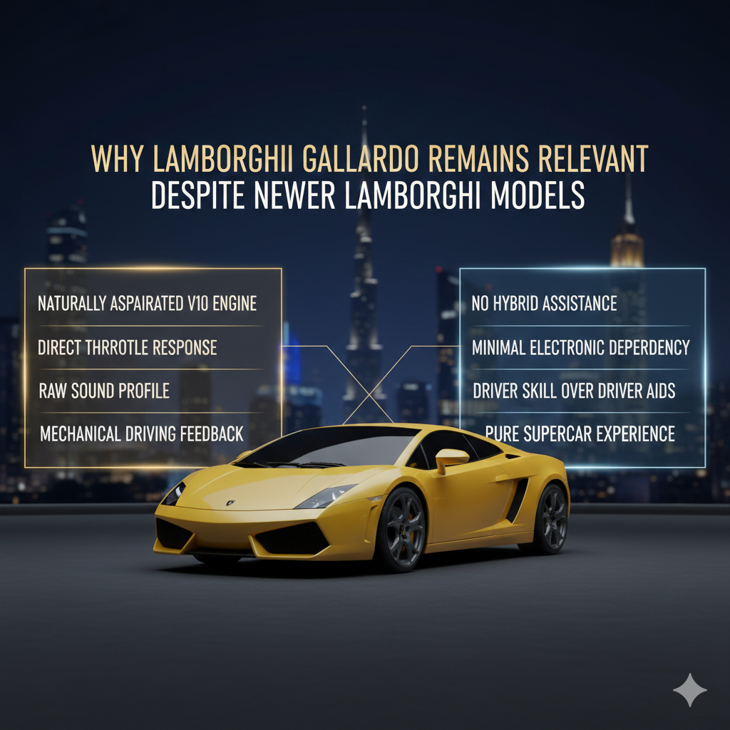 Animated luxury infographic explaining why the Lamborghini Gallardo remains relevant, highlighting its mechanical purity and continued demand in Dubai’s supercar rental market.