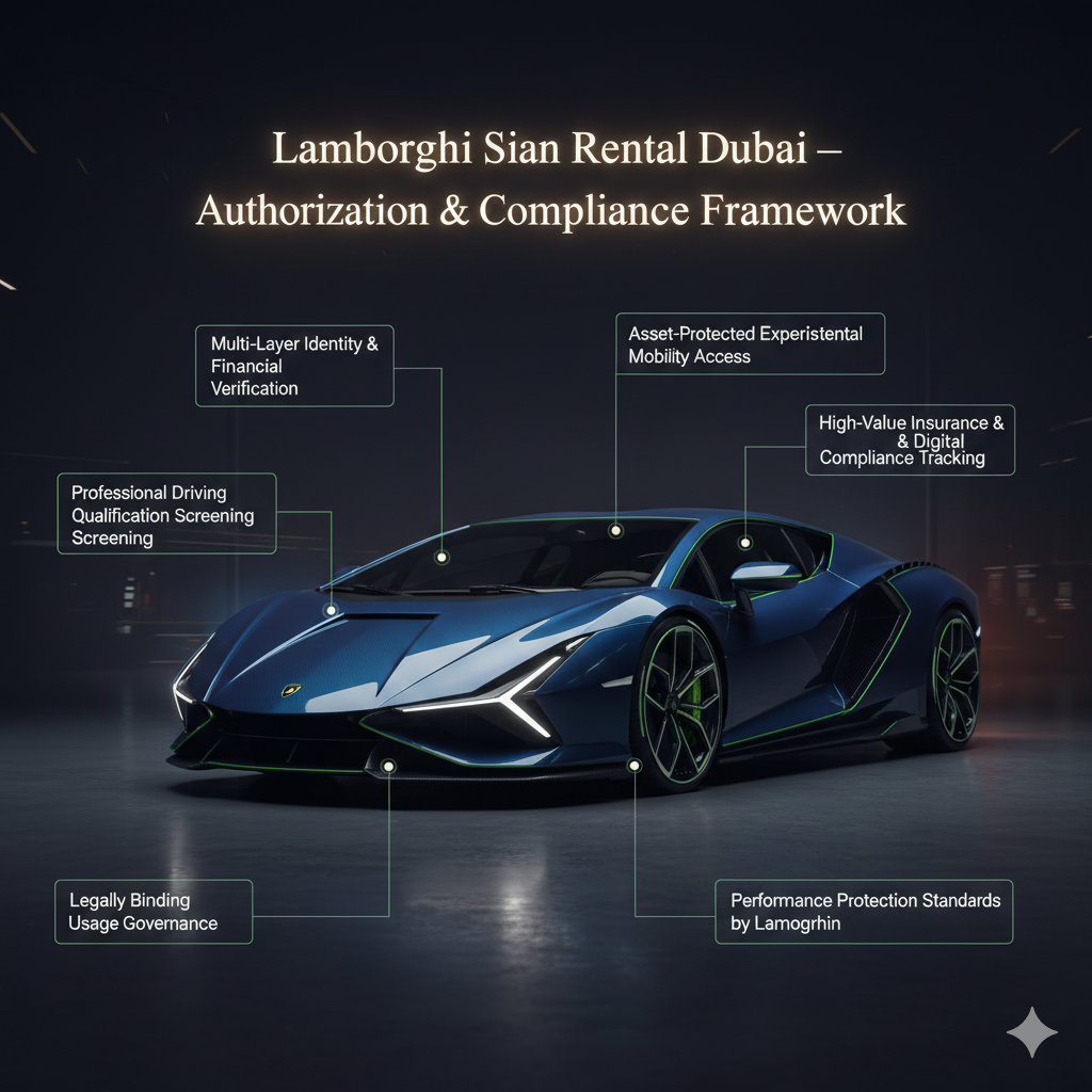 Ultra-realistic Lamborghini Sián hypercar in a cinematic luxury poster with top headline and animated side points showing Dubai rental authorization protocol, legal standards, and hypercar compliance governance.