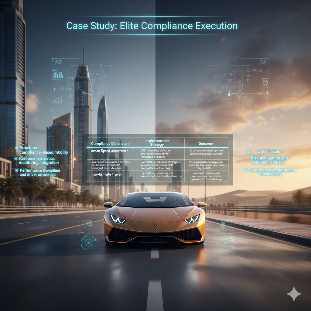 Lamborghini supercar compliance infographic showing urban, desert, and inter-emirate driving safety strategies with telematics monitoring and insurance response visualization in Dubai luxury environment.