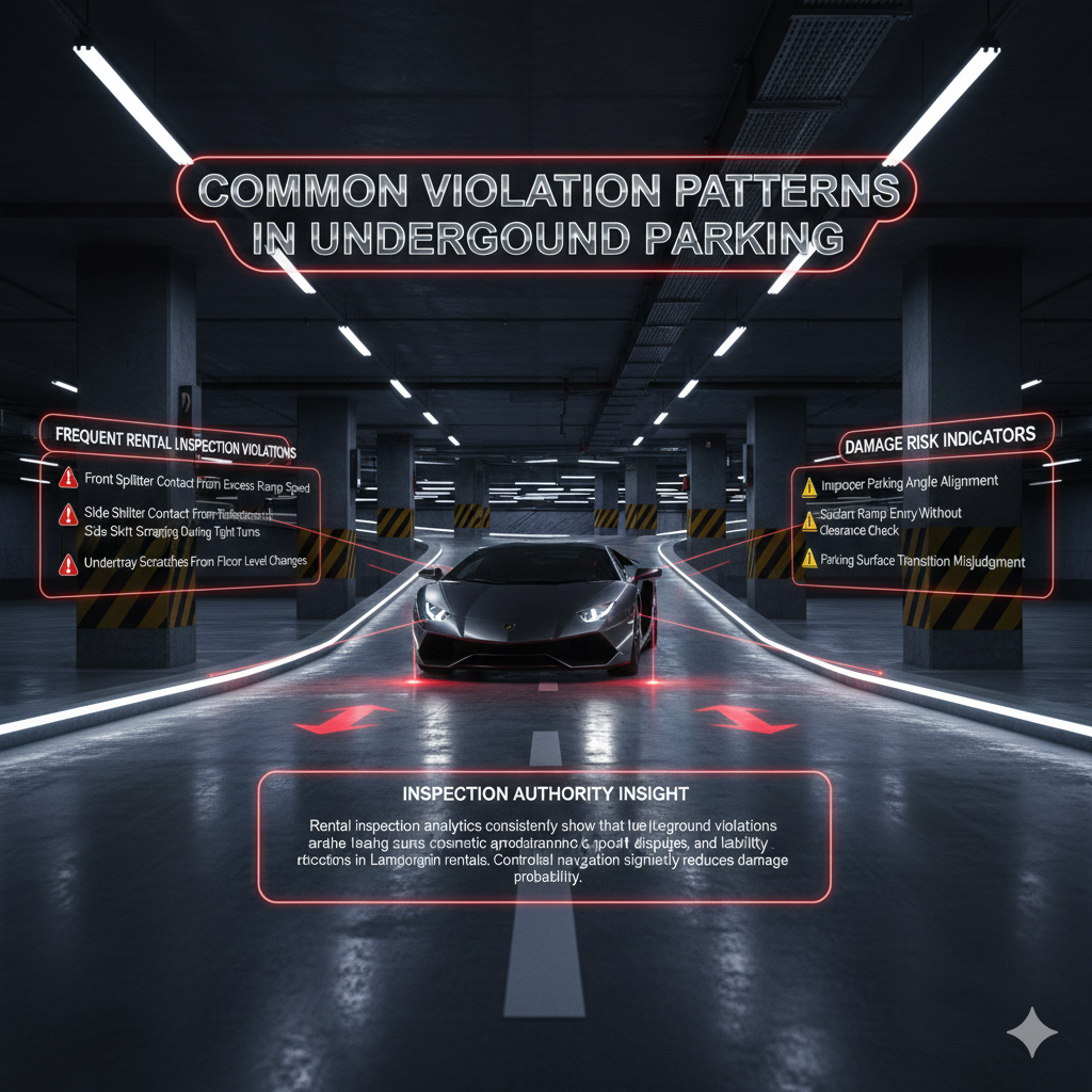 Ultra-realistic Lamborghini supercar navigating a luxury underground parking garage environment while descending a steep ramp and entering a tight turning lane, visually demonstrating common underground parking violation risks. The scene highlights aerodynamic vulnerability areas including the front splitter positioned close to the ramp surface, side skirts aligned near narrow parking lane edges, and rear diffuser clearance risk during exit ramp transitions. The underground facility features polished reflective flooring, multi-level parking structure, LED guidance strips, structural concrete pillars, and cinematic low-light garage illumination. Animated inspection warning overlays, hazard detection outlines, and clearance monitoring indicators emphasize rental damage risk zones, liability inspection awareness, and professional Lamborghini rental compliance visualization within a high-end automotive safety infographic presentation.