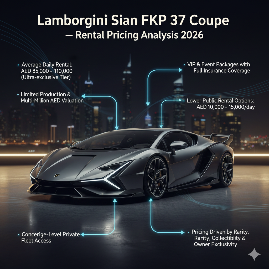 Ultra-realistic Lamborghini Sián FKP 37 Coupe hypercar in cinematic luxury poster with top headline and animated side points showing Dubai rental pricing tiers and VIP package insights for 2026.