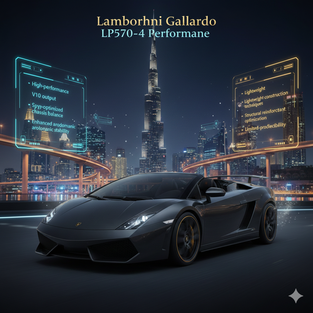 Animated luxury infographic showing a Lamborghini Gallardo LP570-4 Spyder Performante with its roof open against a glowing Dubai skyline and Burj Khalifa, highlighting lightweight construction, open-top performance, and collector rarity.