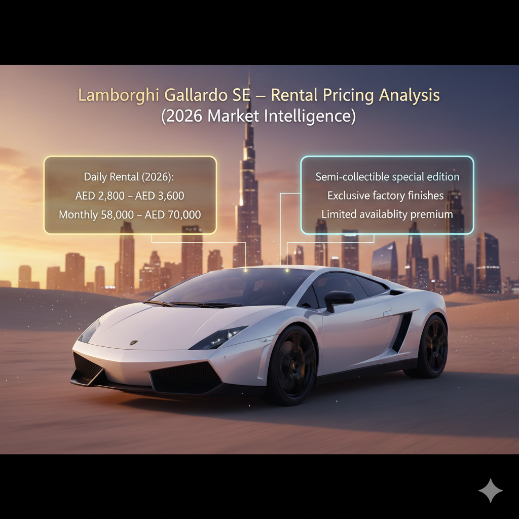 Animated luxury infographic showing a special-edition Lamborghini Gallardo SE in a two-tone factory color scheme against an animated Dubai skyline at dusk, presenting 2026 rental pricing and semi-collectible market positioning.