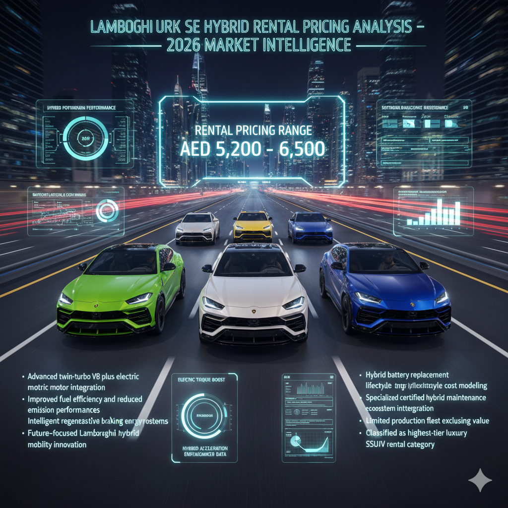 Multiple Lamborghini Urus SE hybrid luxury SUVs in different premium colors driving together on animated futuristic Dubai highway with hybrid technology and rental pricing infographic overlays
