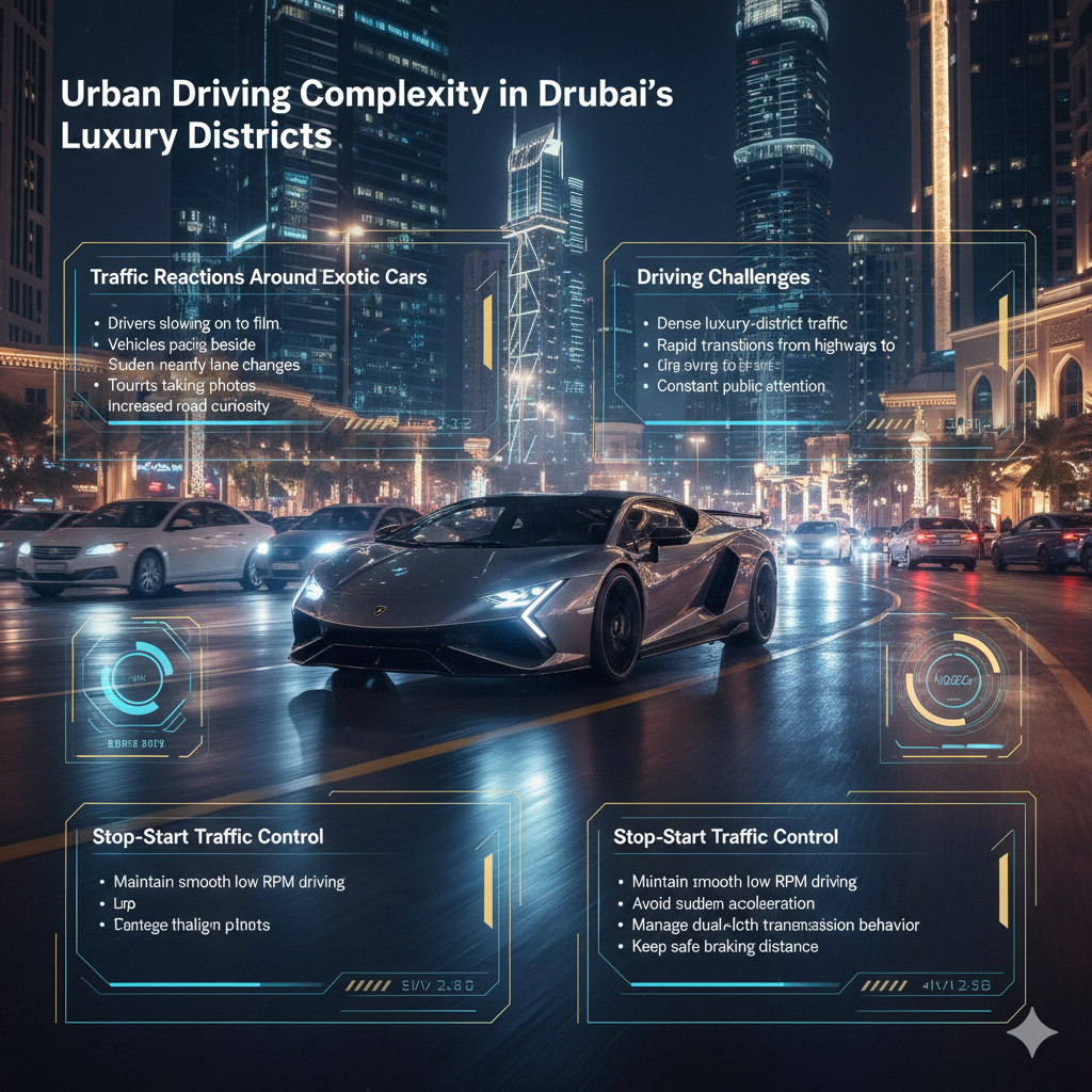 Infographic showing a Lamborghini navigating busy luxury districts in Dubai with panels explaining traffic reactions, urban driving complexity, and stop-start control techniques.