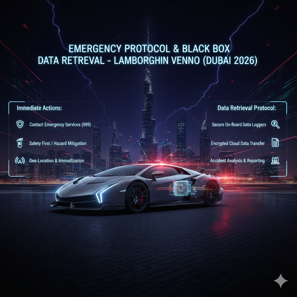 Animated luxury infographic showing a Lamborghini Veneno in a secure delivery bay with diagnostic scans, carbon-fiber inspection highlights, and documentation recording, illustrating the controlled handover process for hypercar rentals in Dubai.