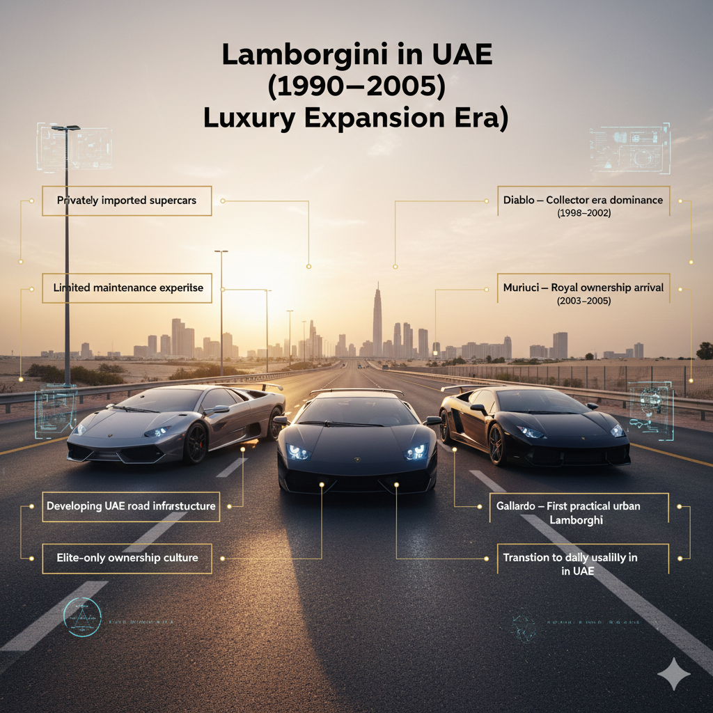 Historic Lamborghini models including Diablo, Murciélago and Gallardo representing early luxury expansion of Lamborghini vehicles in UAE during 1990 to 2005 era