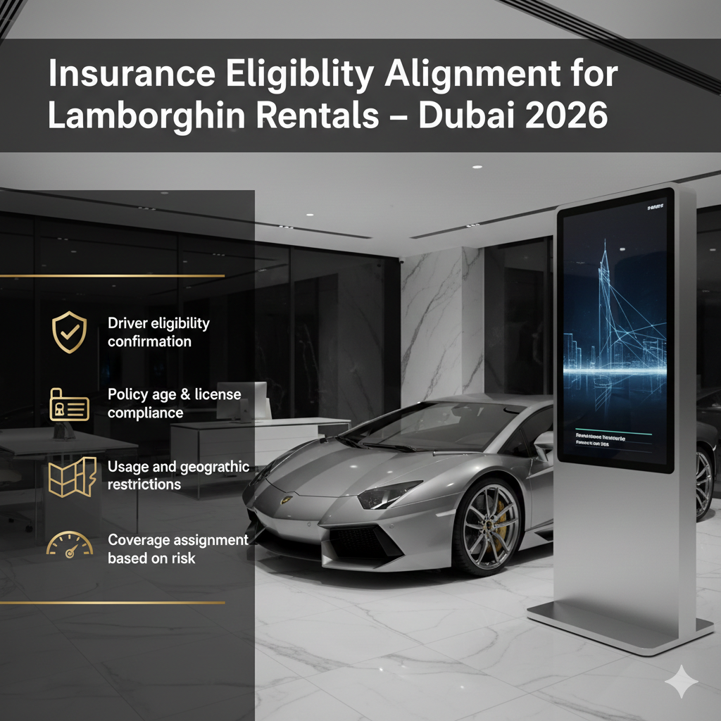 Insurance eligibility alignment for Lamborghini rentals in Dubai showing policy verification, driver eligibility checks, coverage assignment, and risk assessment under 2026 regulations.