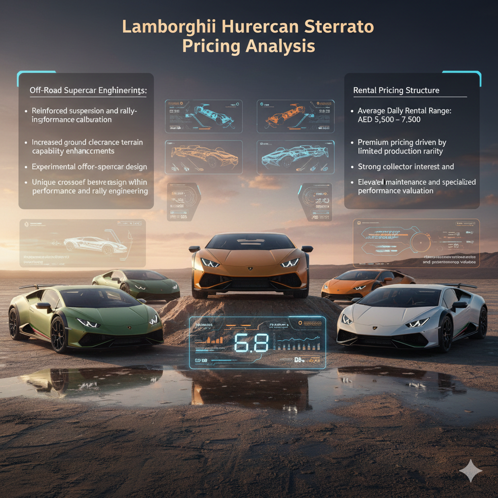 Lamborghini Huracan Sterrato Pricing Analysis Futuristic Lamborghini Huracan Sterrato pricing infographic showing off-road supercar models with holographic panels highlighting rally engineering, terrain performance technology, and premium rental pricing range.