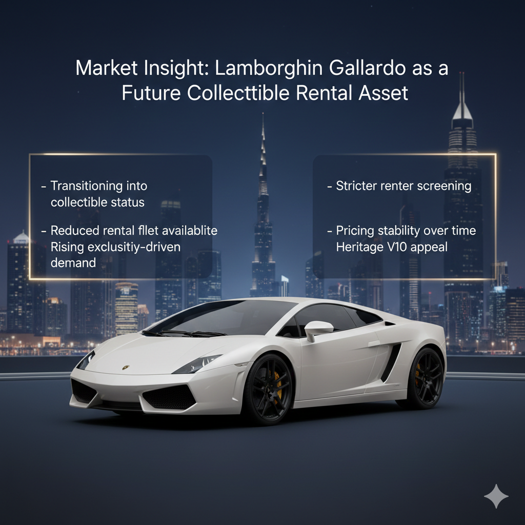 Animated luxury market insight infographic showing a Lamborghini Gallardo positioned as a future collectible rental asset within Dubai’s premium automotive market.