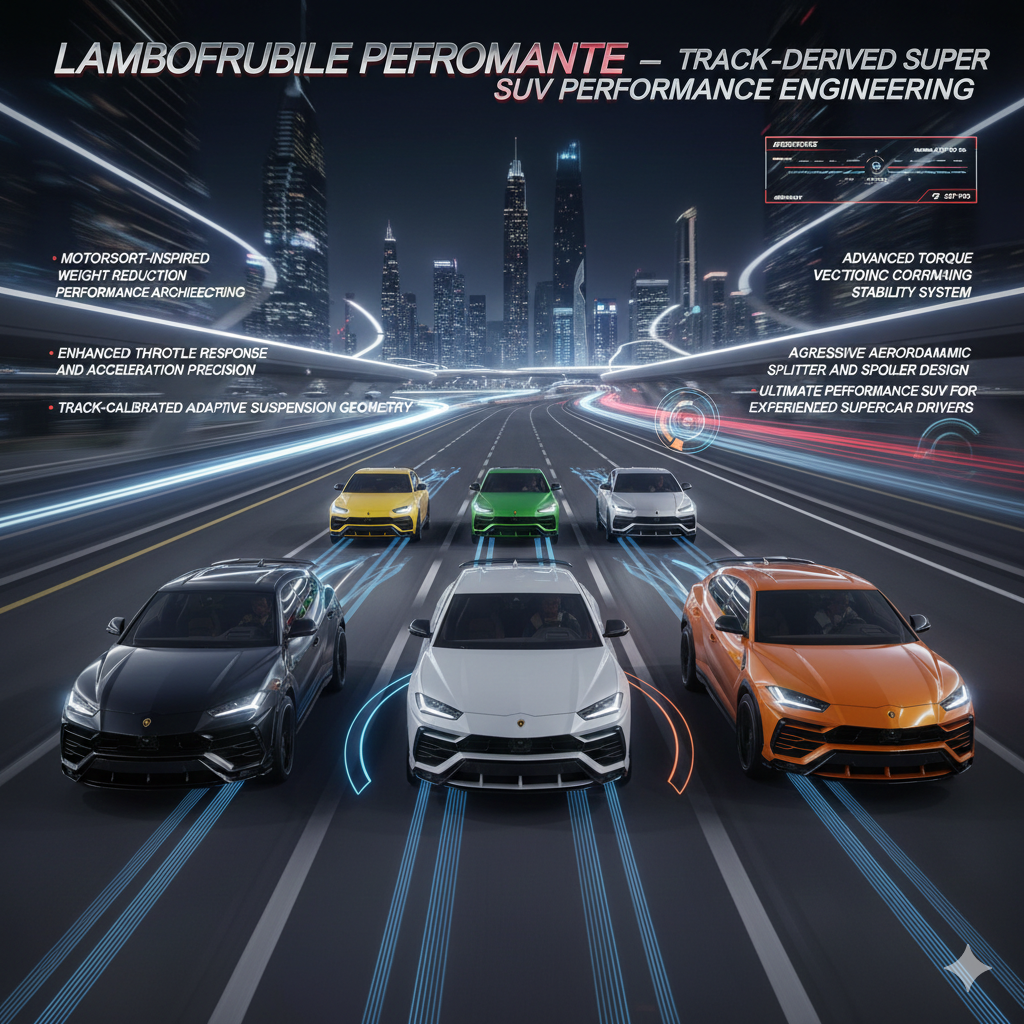 Multiple Lamborghini Urus Performante performance SUVs in different colors driving together on luxury highway with animated Dubai skyline and aerodynamic motion effects