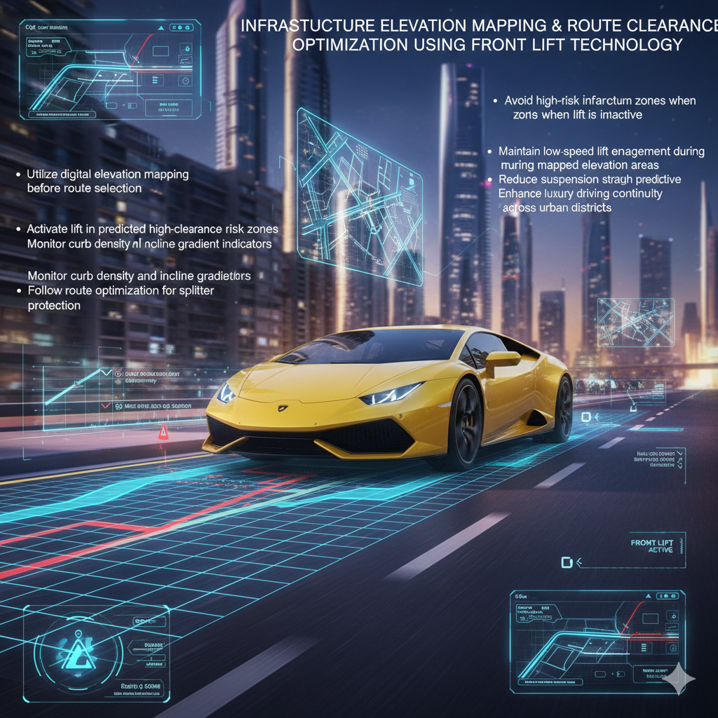 Lamborghini Rental Front Lift Usage Infrastructure Elevation Mapping and Route Clearance Optimization Technology Lamborghini supercar using front lift system while navigating mapped luxury urban roadway elevation zones in Dubai