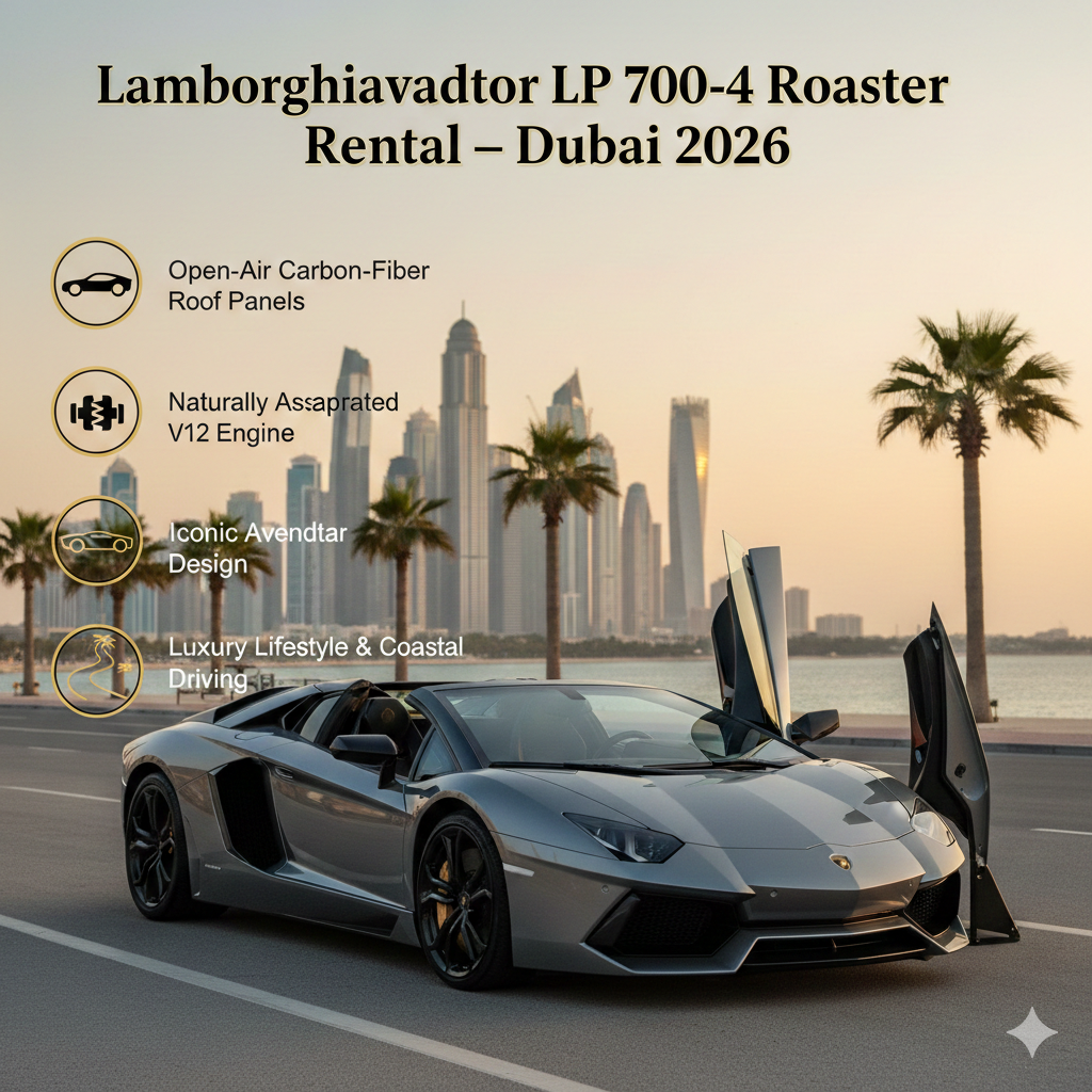 Lamborghini Aventador LP 700-4 Roadster rental in Dubai with removable carbon-fiber roof panels, open-air V12 supercar parked in a luxury coastal setting, UAE 2026.
