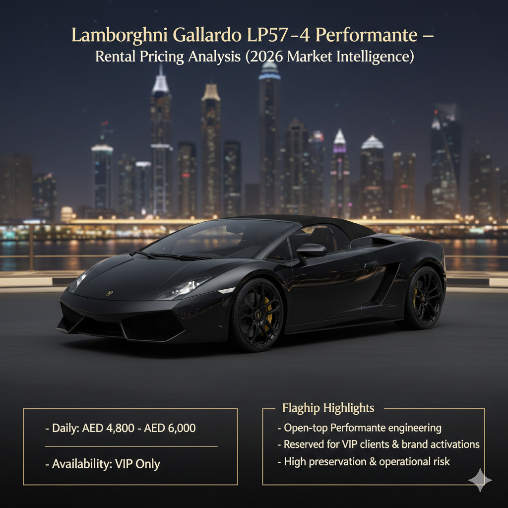Animated luxury infographic showing Lamborghini Gallardo LP570-4 Spyder Performante rental pricing and VIP exclusivity in Dubai.