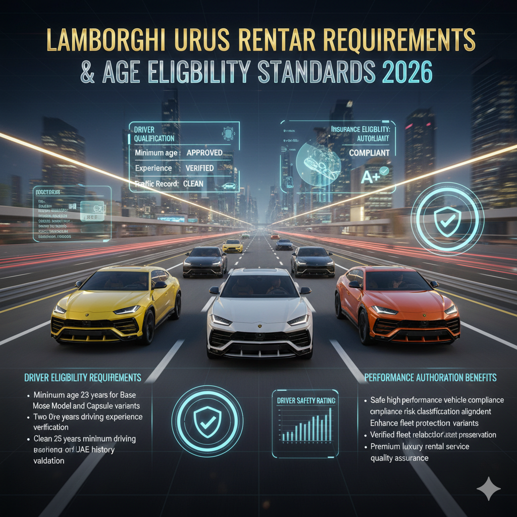 Multiple Lamborghini Urus SUVs in different colors displayed on animated Dubai luxury highway with driver age eligibility verification, performance driving authorization checklist, and rental qualification requirement overlays