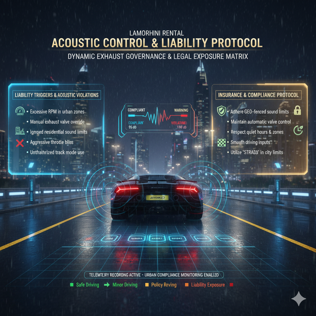 Animated infographic showing a Lamborghini on a Dubai urban street with exhaust valve telemetry overlays, illustrating Closed, Partial, and Fully Open valve states, throttle input influence, RPM monitoring, downshift acoustic pops, and urban compliance guidance.