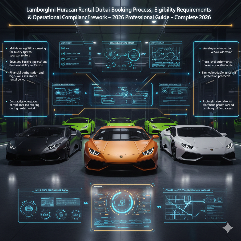 Lamborghini Huracan Rental Dubai Booking Process, Eligibility Requirements & Operational Compliance Framework – Complete 2026 Professional Guide Futuristic Lamborghini rental infographic showing multiple Lamborghini Huracan vehicles with holographic panels explaining booking approval workflow, eligibility screening, insurance authorization, and rental compliance monitoring.