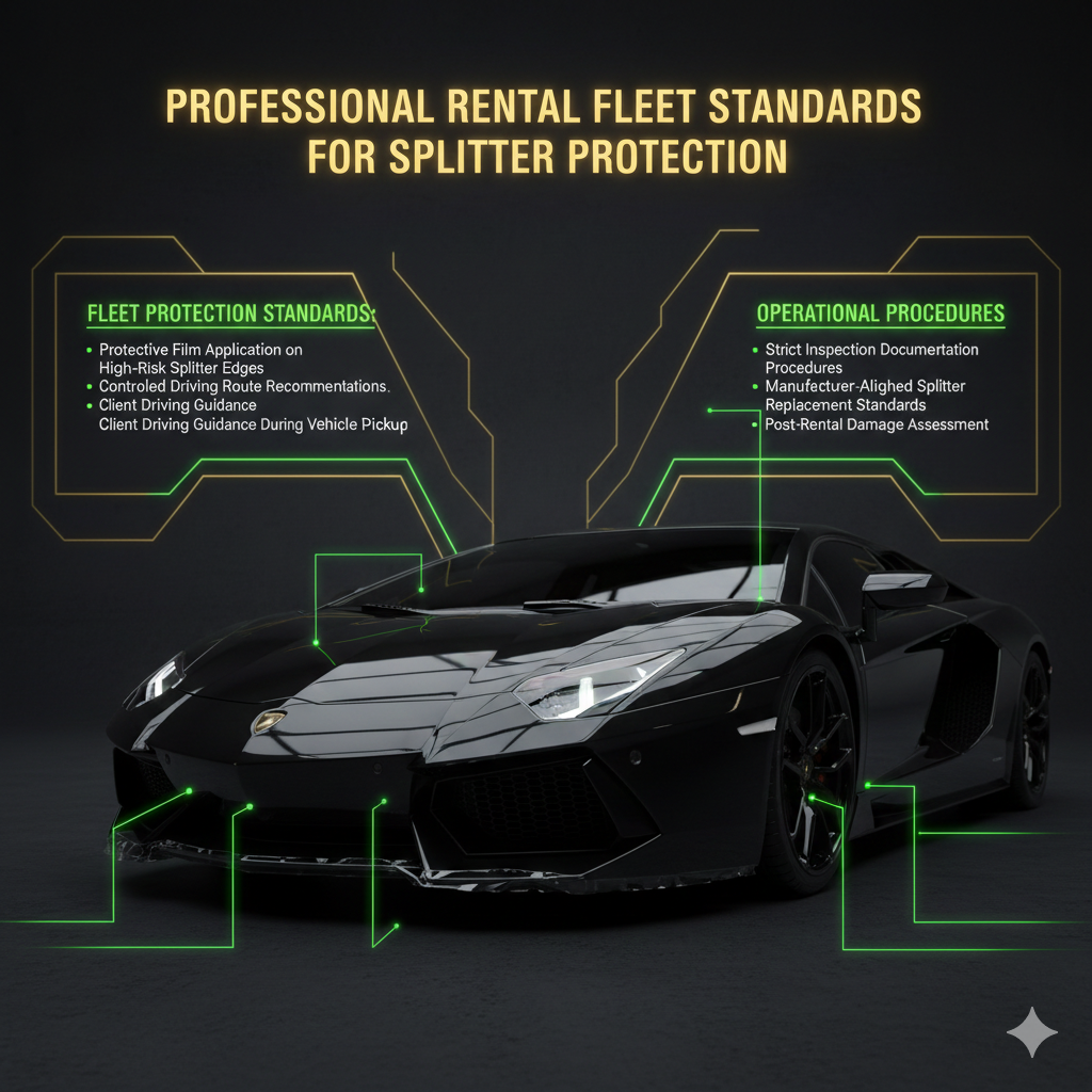 Premium automotive rental standards layout featuring a Lamborghini front splitter with professional protection indicators. The design highlights fleet protection measures including protective film application on splitter edges, controlled route recommendations, client driving guidance during vehicle handover, strict inspection documentation procedures, and manufacturer-approved replacement standards displayed around the vehicle.