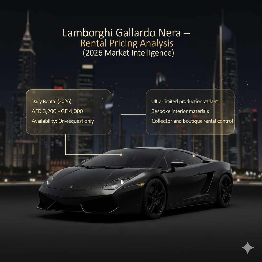Animated luxury infographic showing a black Lamborghini Gallardo Nera against a dark, high-end Dubai skyline, highlighting 2026 rental pricing, rarity, and on-request availability in the UAE luxury market.