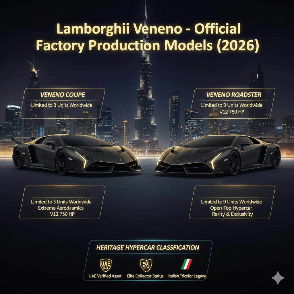 Animated luxury infographic of Lamborghini Veneno Coupe and Veneno Roadster in Dubai with glowing neon text, cinematic carbon-fiber hypercar styling, Burj Khalifa background, showcasing official factory production models for 2026