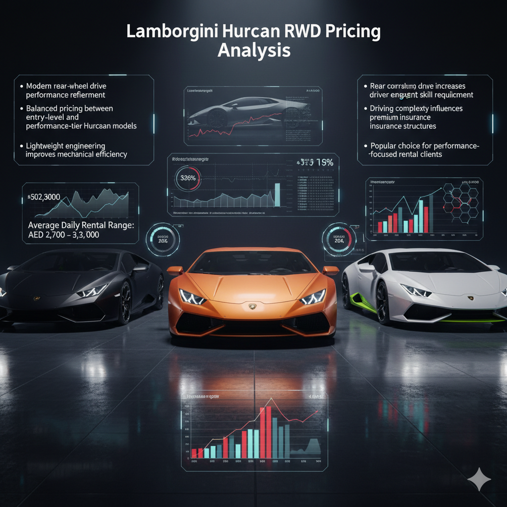 Lamborghini Huracan RWD Pricing Analysis Futuristic luxury infographic showing multiple Lamborghini Huracan RWD cars with holographic panels displaying rental pricing range, performance characteristics, and insurance influence factors.