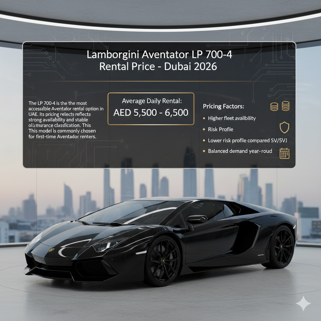 A luxury rental price infographic featuring a black Lamborghini Aventador LP 700-4 in a Dubai showroom. The graphic displays the average daily rental rate of AED 5,500 – 6,500 and lists key pricing factors like high fleet availability and balanced seasonal demand.
