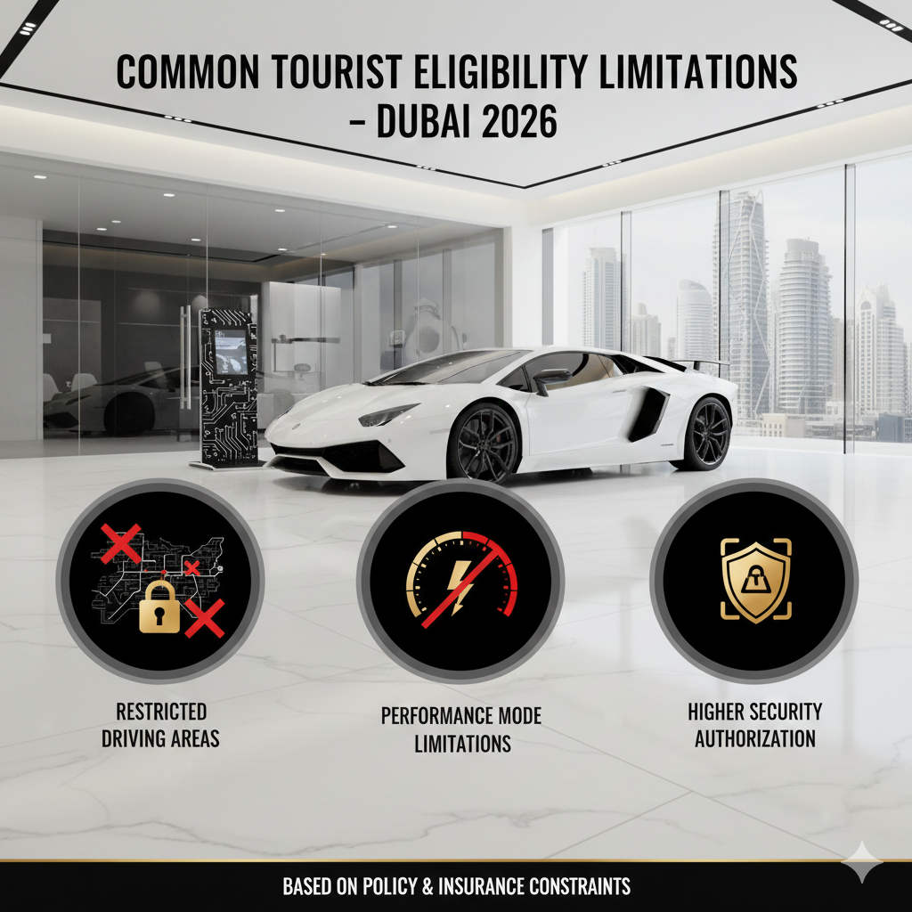 A high-end informational graphic for Lamborghini rentals in Dubai, illustrating tourist limitations including restricted driving areas, performance mode constraints, and higher security authorization requirements for the 2026 market.

