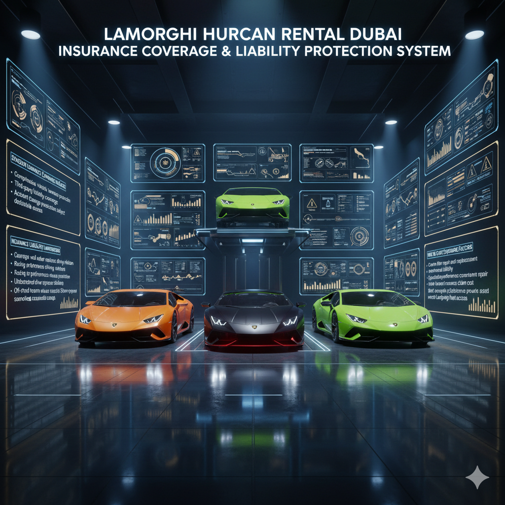 Lamborghini Huracan Rental Dubai Insurance Coverage & Liability Protection System Futuristic Lamborghini rental insurance infographic showing multiple Huracan performance models with holographic panels explaining coverage types, liability violations, and compliance protection systems.