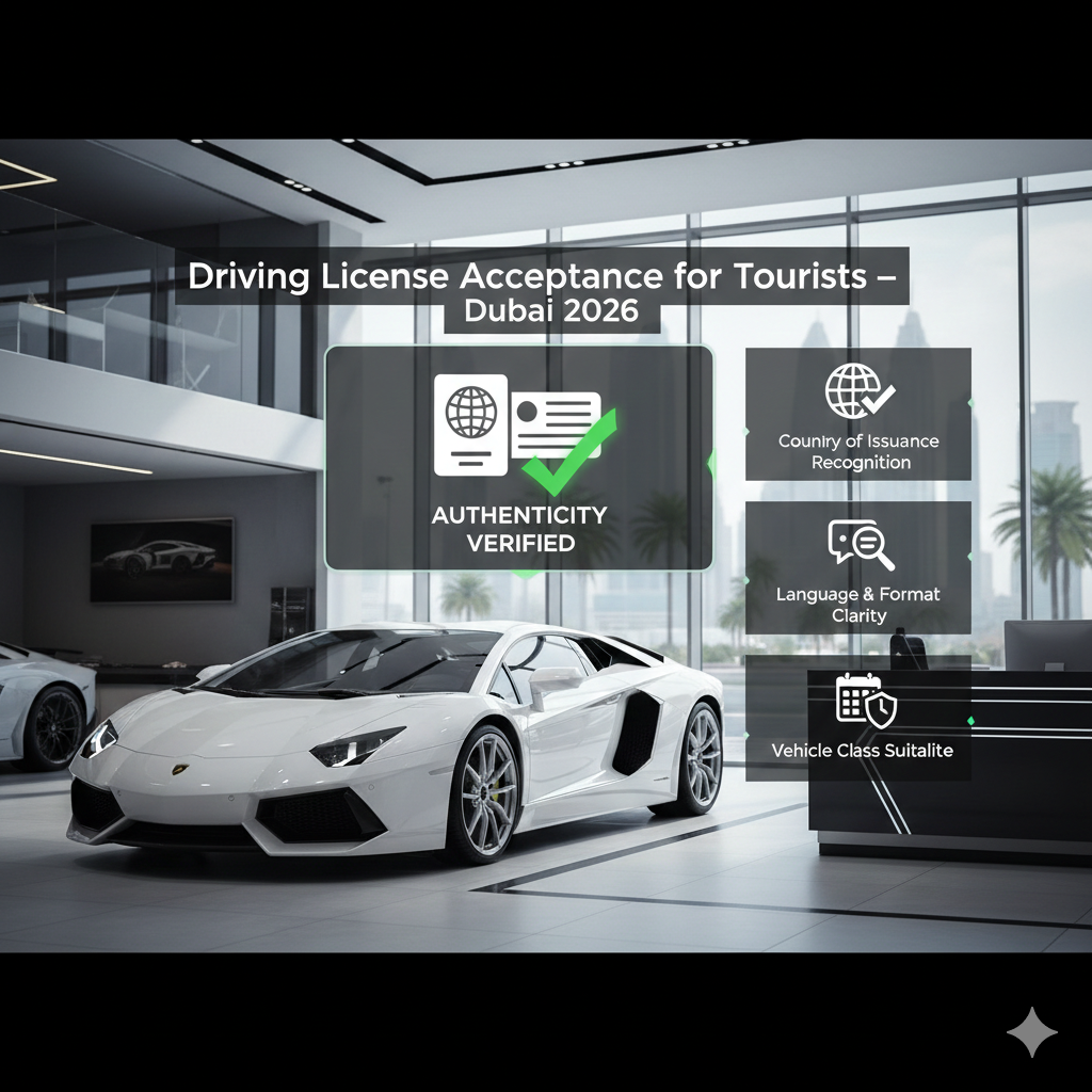 A white Lamborghini Aventador in a premium Dubai showroom featuring an informational overlay about tourist driving license acceptance, including country recognition, authenticity verification, and vehicle class suitability.