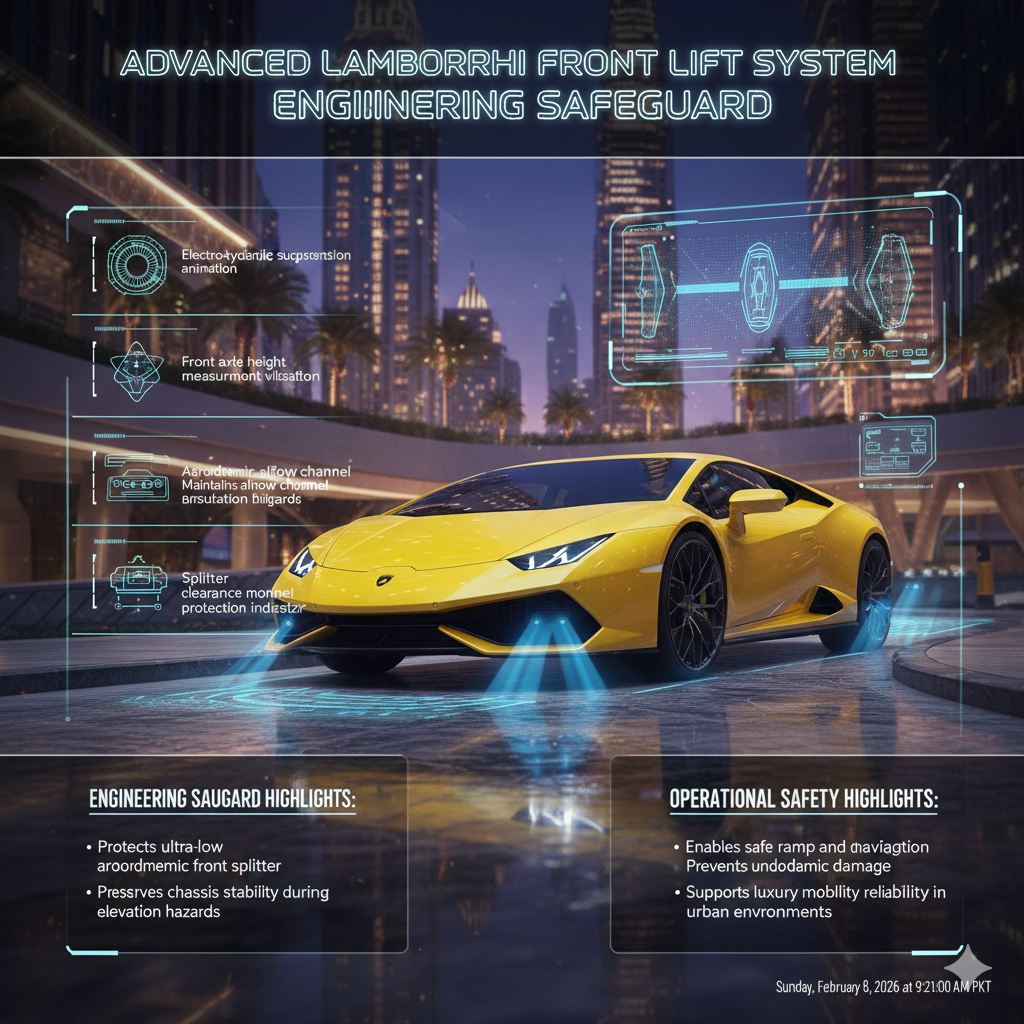 Yellow Lamborghini supercar activating front lift system while approaching a luxury Dubai hotel driveway with animated hydraulic elevation graphics, aerodynamic airflow visualization, and clearance protection monitoring overlays.