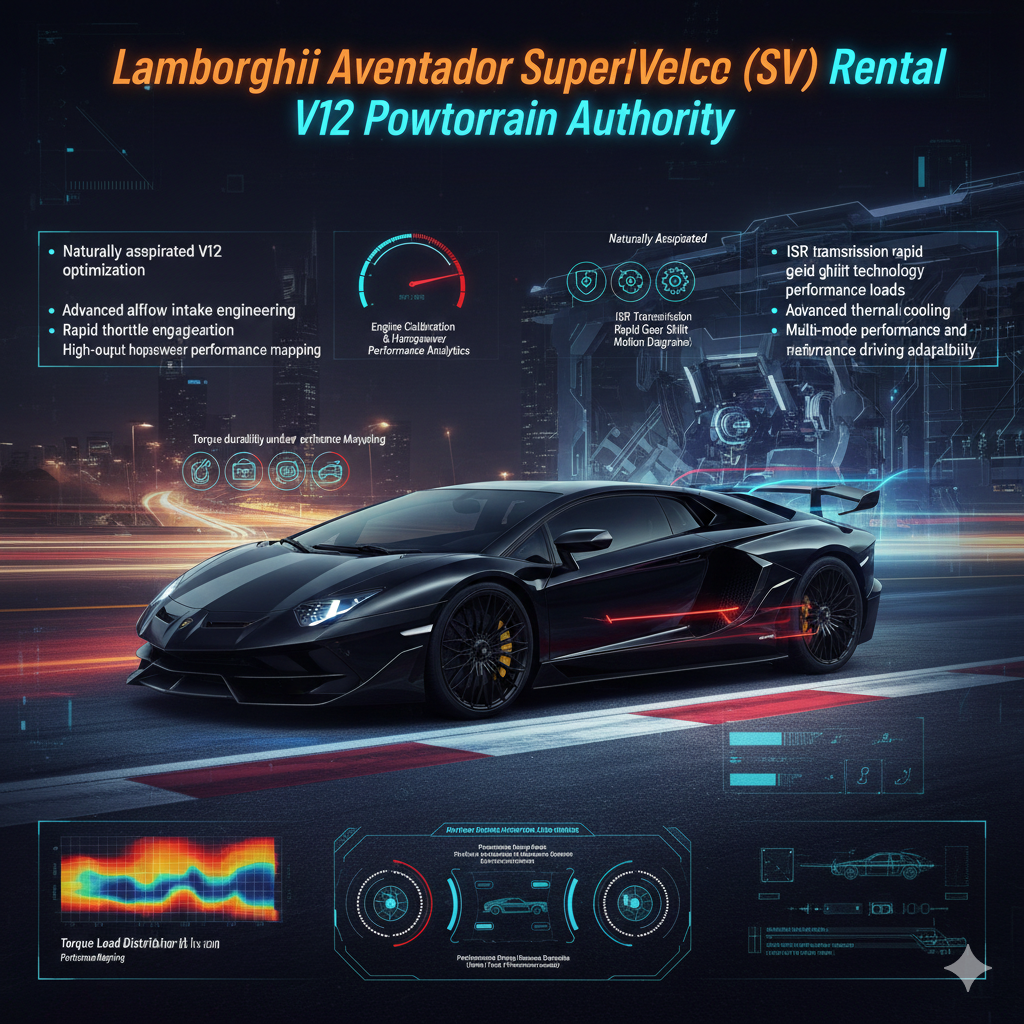 Lamborghini Aventador SV shown with V12 engine airflow visualization, ISR transmission graphics, and cooling system engineering overlays in futuristic performance environment.