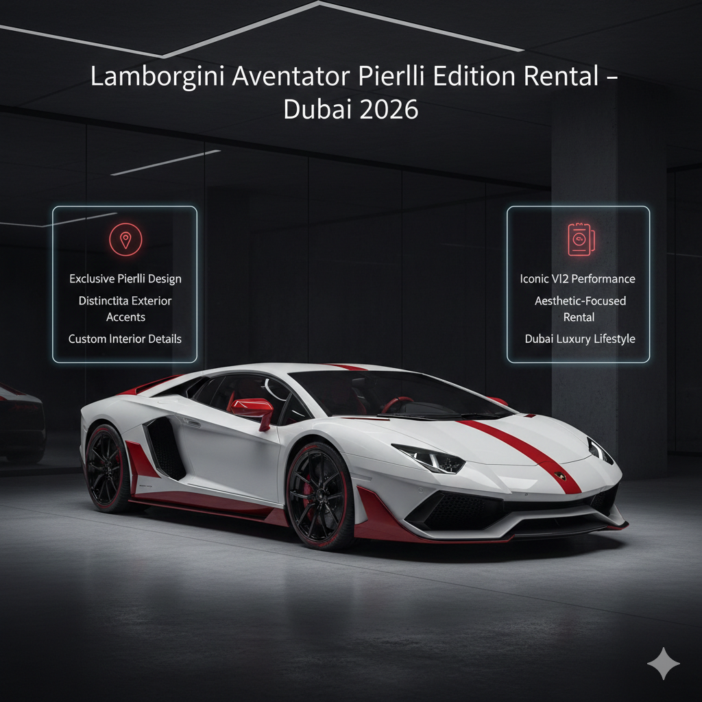 A high-end editorial image of a white Lamborghini Aventador Pirelli Edition with signature red accents and thin-stripe detailing. The car is parked in a dark, ultra-modern showroom with geometric LED lighting. Side panels highlight its custom interior details, V12 performance, and status as an aesthetic-focused luxury rental in Dubai.