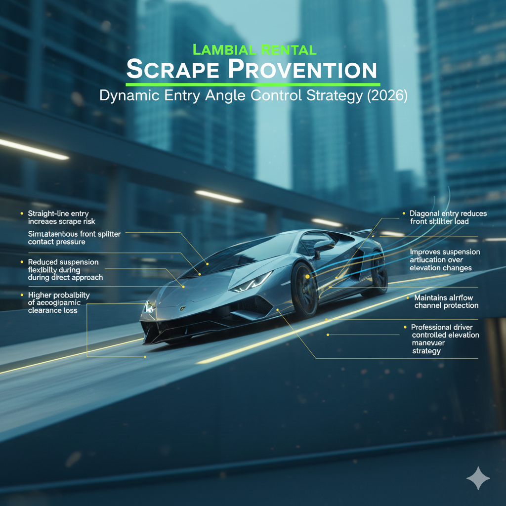 Luxury technical infographic showing a Lamborghini entering an elevated surface using a diagonal driving angle, with engineering-based scrape prevention points displayed on both sides in a futuristic animated design.