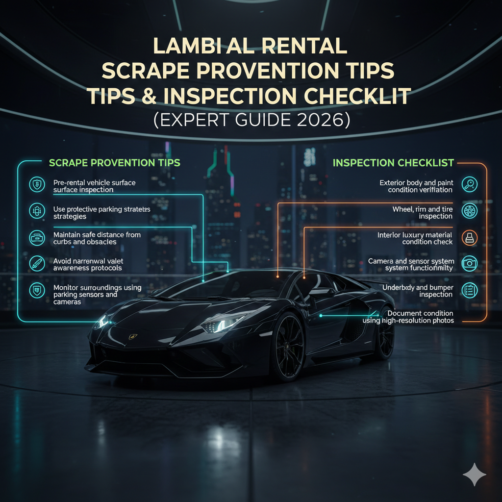 Luxury infographic poster showing a Lamborghini supercar in the center with the title Lamborghini Rental Scrape Prevention Tips & Inspection Checklist 2026 displayed at the top, and important safety and inspection tips shown as bullet points on both sides in a futuristic animated design.
