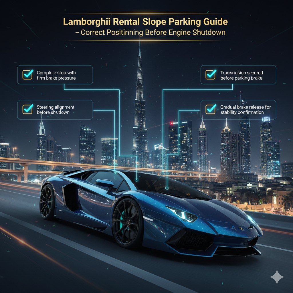 Animated luxury infographic showing a Lamborghini parked on a slope in Dubai with Burj Khalifa in the background, explaining correct slope parking positioning before engine shutdown using professional rental safety steps.