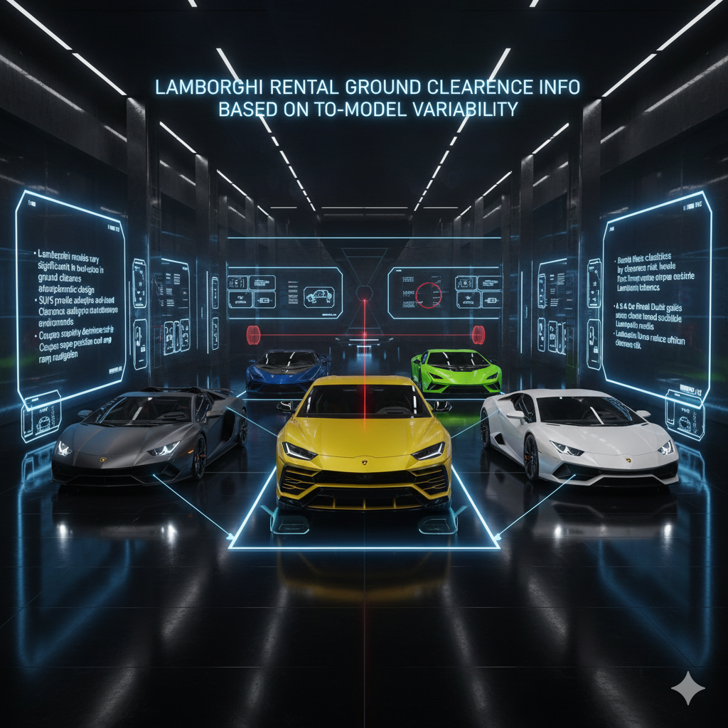 Futuristic Lamborghini rental infographic showing multiple Lamborghini models in different colors with holographic panels explaining clearance differences between coupes, roadsters, and SUV models.