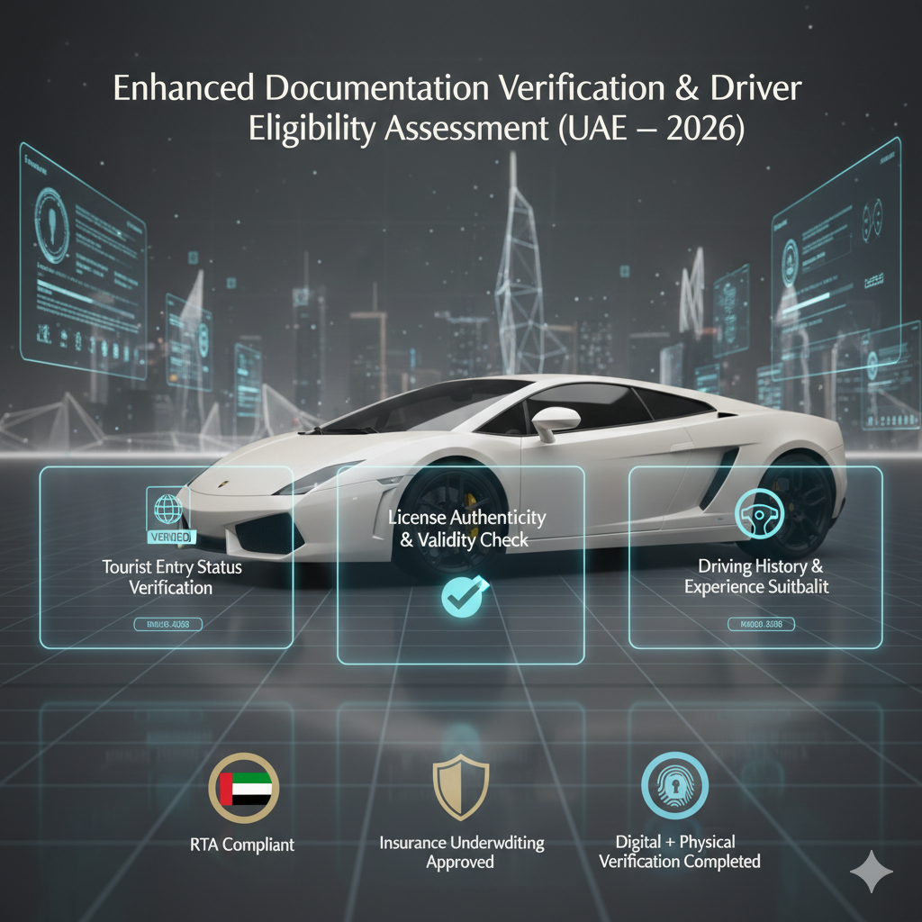 Animated infographic showing document verification and driver eligibility assessment for Lamborghini rentals in Dubai.
