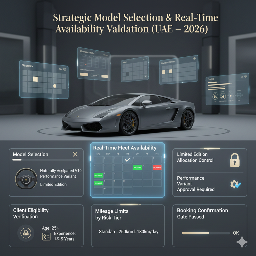 Animated infographic showing Lamborghini Gallardo model selection and real-time availability validation in Dubai.