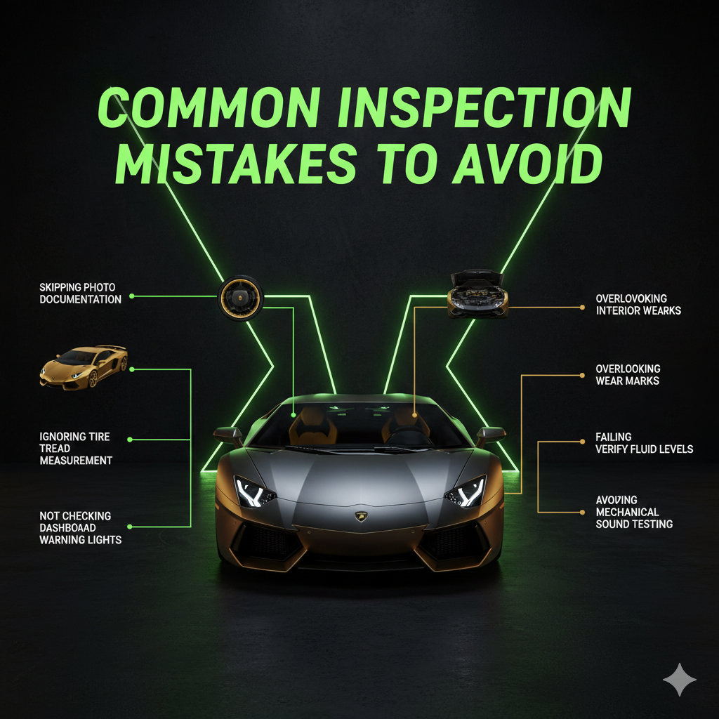 Luxury automotive inspection awareness layout showing a Lamborghini Aventador LP 700-4 with highlighted warning indicators. The design displays common inspection mistakes around the car, including skipping photo documentation, ignoring tire tread measurement, not checking dashboard warning lights, overlooking interior wear marks, failing to verify fluid levels, and avoiding mechanical sound testing.
